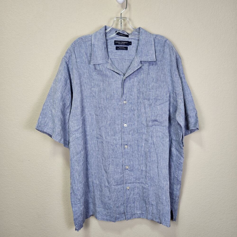 Daniel Cremieux Italian Linen Shirt Mens L Tailored Fit Button Up SS Blue Resort
